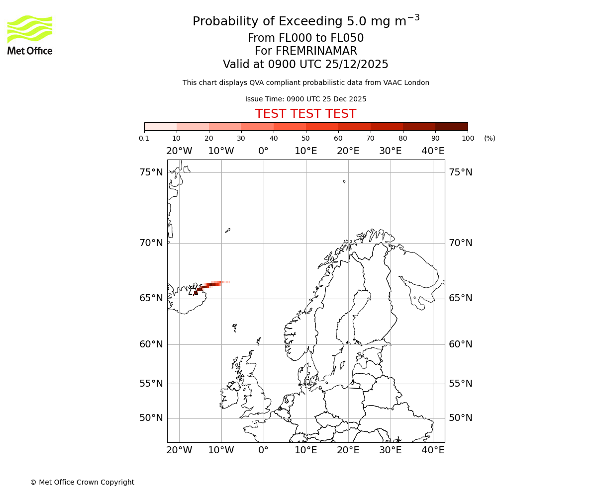 Probability of exceeding 5.0 milligrams per metre cubed. From 000 to 050 for FREMRINAMAR. Valid at 0900 UTC 25/12/2025