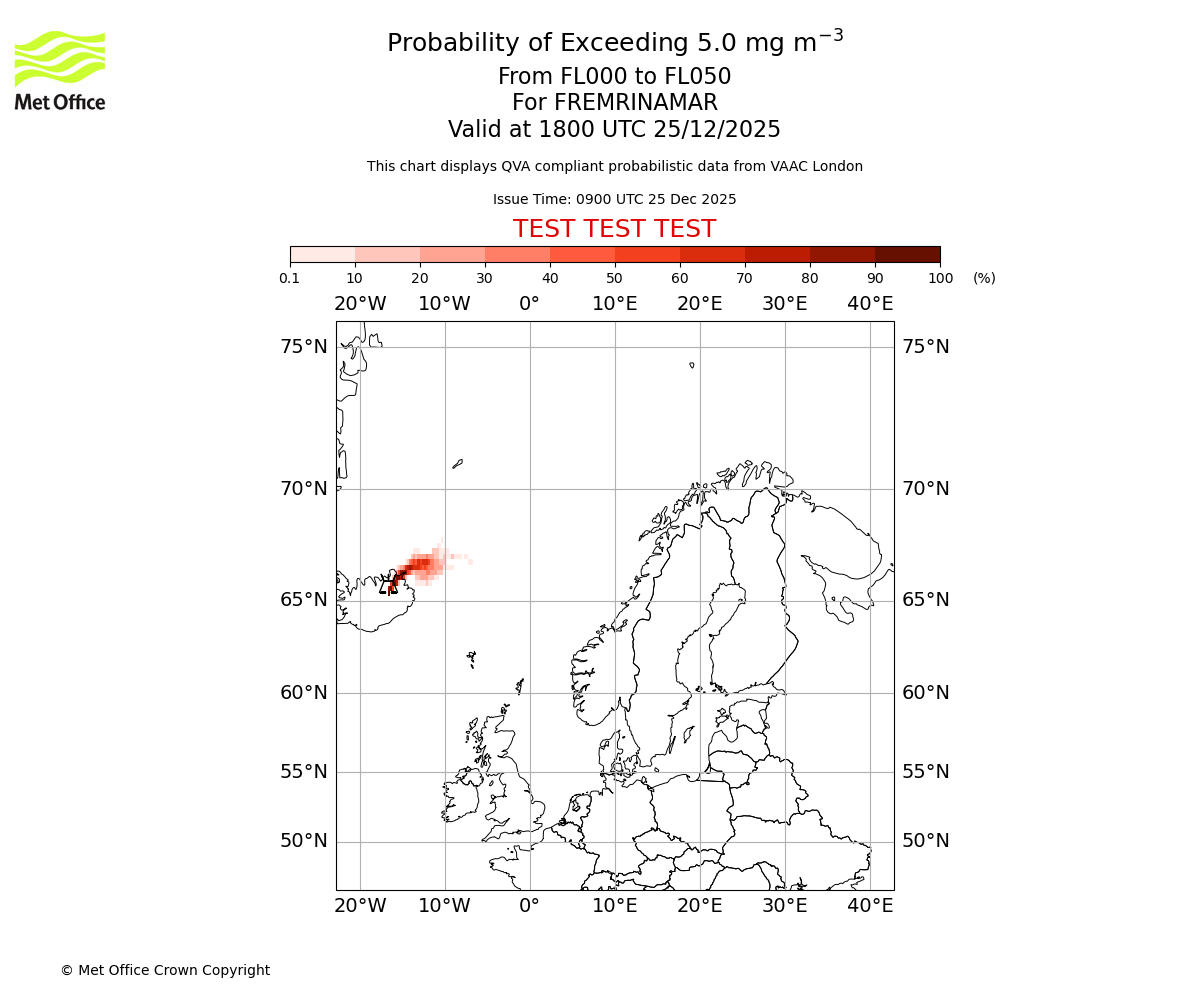 Probability of exceeding 5.0 milligrams per metre cubed. From 000 to 050 for FREMRINAMAR. Valid at 1800 UTC 25/12/2025