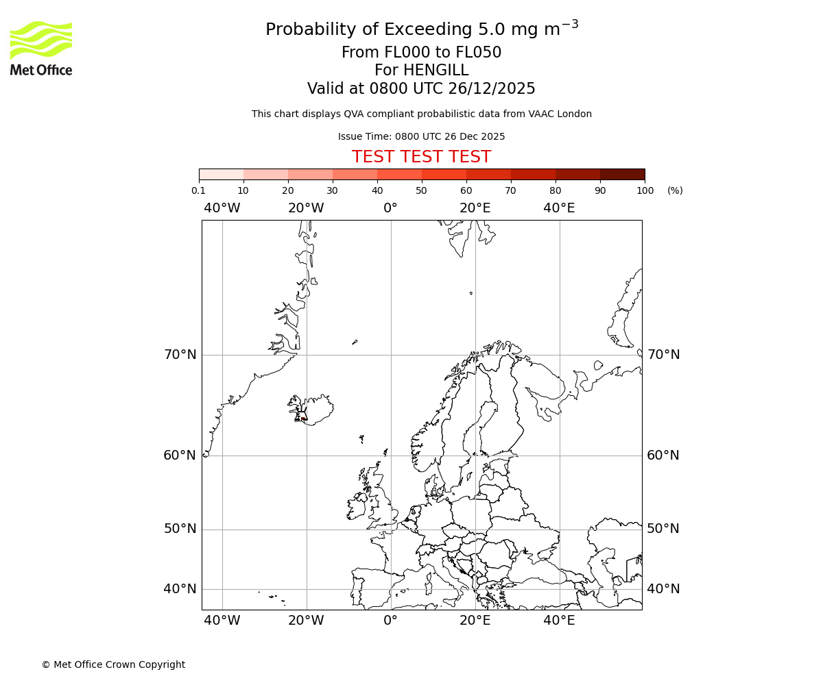 Probability of exceeding 5.0 milligrams per metre cubed. From 000 to 050 for HENGILL. Valid at 0800 UTC 26/12/2025