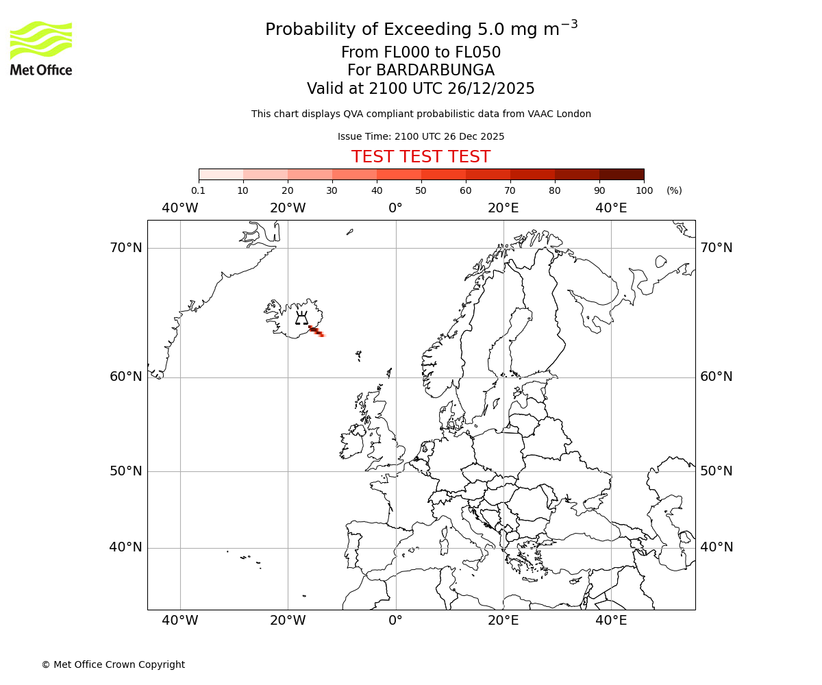 Probability of exceeding 5.0 milligrams per metre cubed. From 000 to 050 for BARDARBUNGA. Valid at 2100 UTC 26/12/2025