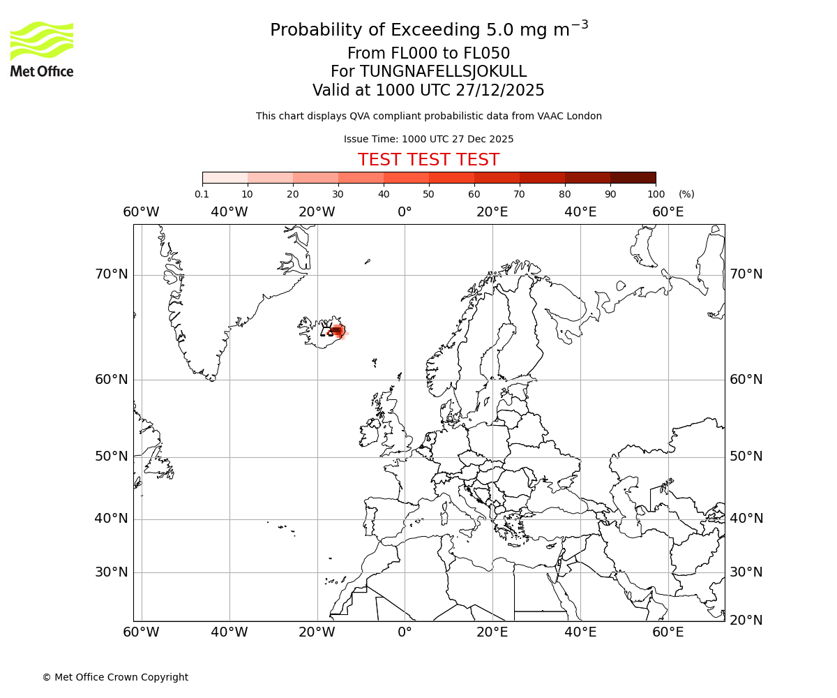 Probability of exceeding 5.0 milligrams per metre cubed. From 000 to 050 for TUNGNAFELLSJOKULL. Valid at 1000 UTC 27/12/2025