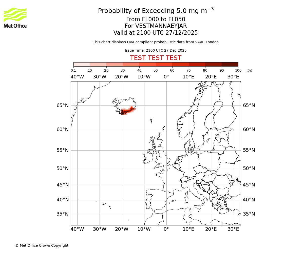 Probability of exceeding 5.0 milligrams per metre cubed. From 000 to 050 for VESTMANNAEYJAR. Valid at 2100 UTC 27/12/2025