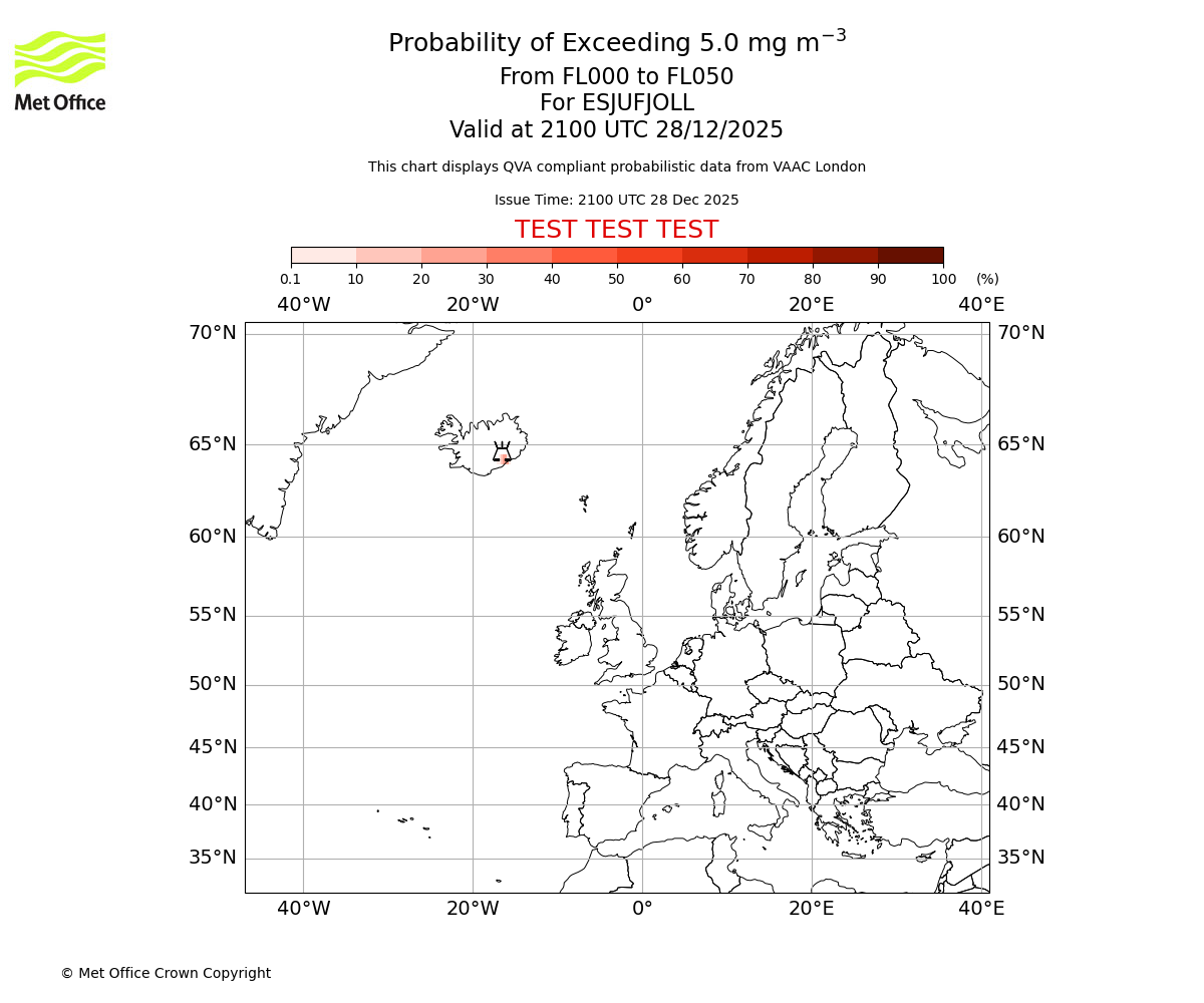 Probability of exceeding 5.0 milligrams per metre cubed. From 000 to 050 for ESJUFJOLL. Valid at 2100 UTC 28/12/2025