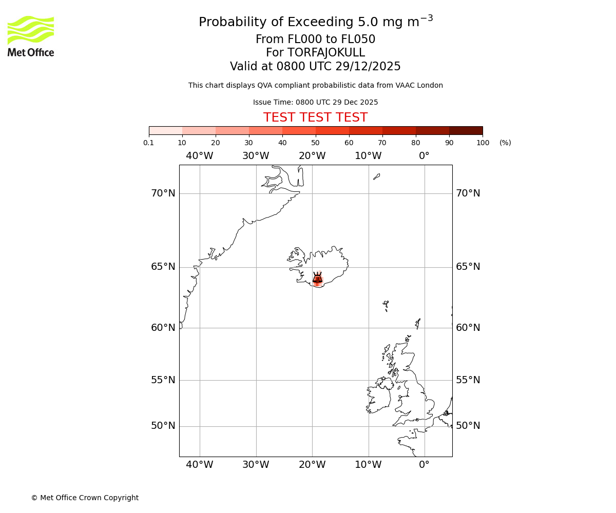 Probability of exceeding 5.0 milligrams per metre cubed. From 000 to 050 for TORFAJOKULL. Valid at 0800 UTC 29/12/2025