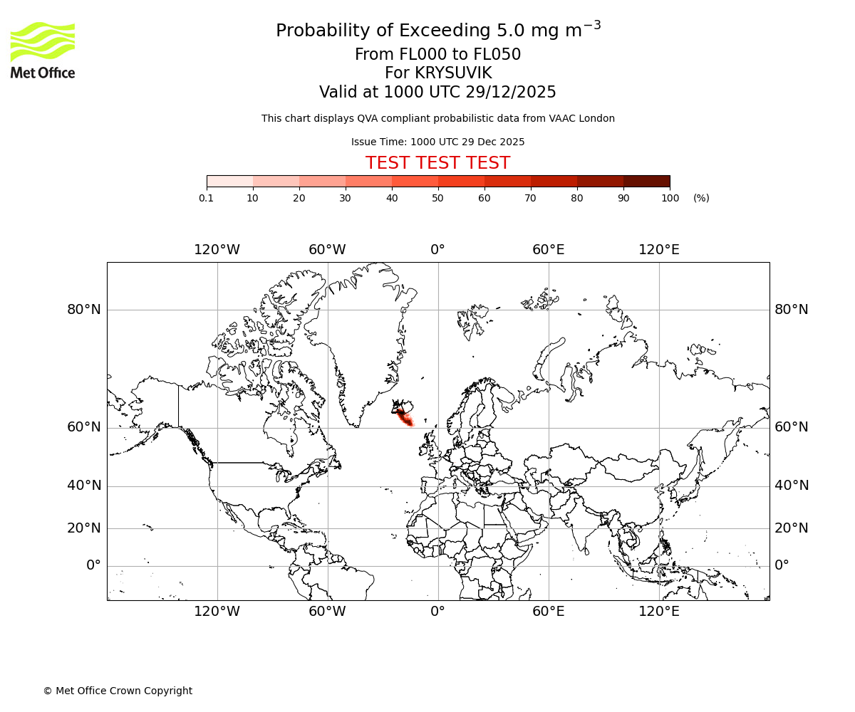Probability of exceeding 5.0 milligrams per metre cubed. From 000 to 050 for KRYSUVIK. Valid at 1000 UTC 29/12/2025