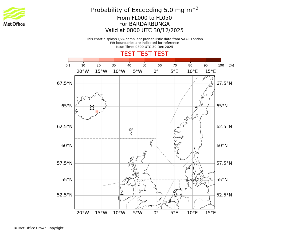 Probability of exceeding 5.0 milligrams per metre cubed. From 000 to 050 for BARDARBUNGA. Valid at 0800 UTC 30/12/2025