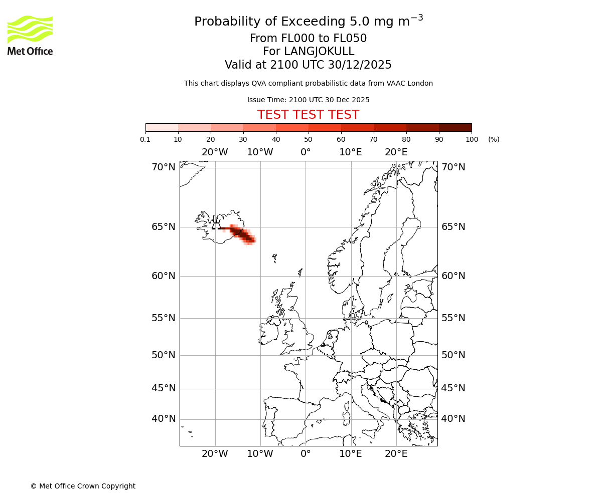 Probability of exceeding 5.0 milligrams per metre cubed. From 000 to 050 for LANGJOKULL. Valid at 2100 UTC 30/12/2025