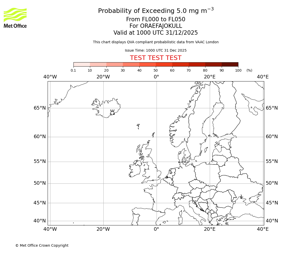 Probability of exceeding 5.0 milligrams per metre cubed. From 000 to 050 for ORAEFAJOKULL. Valid at 1000 UTC 31/12/2025