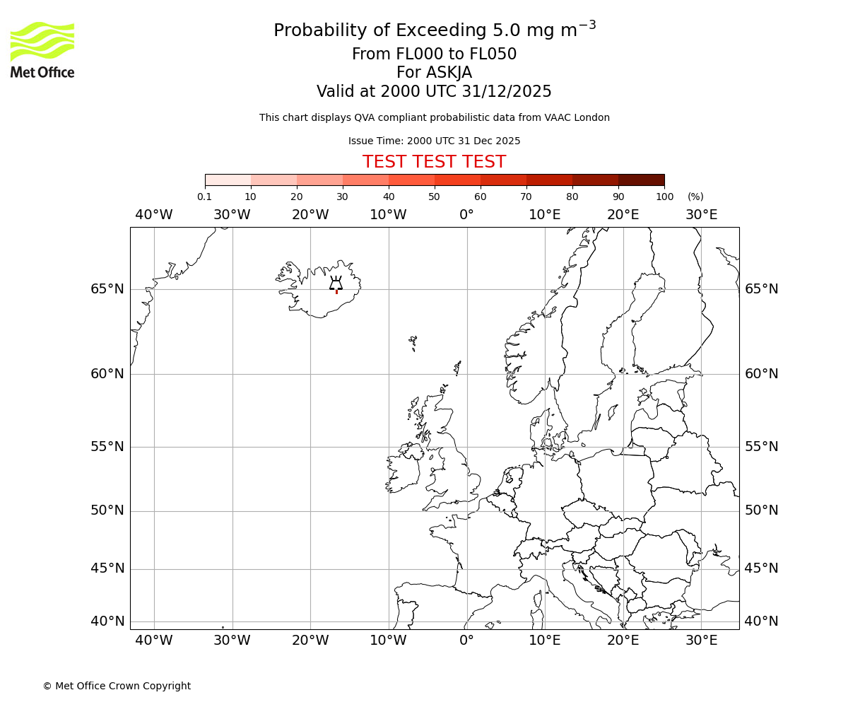 Probability of exceeding 5.0 milligrams per metre cubed. From 000 to 050 for ASKJA. Valid at 2000 UTC 31/12/2025
