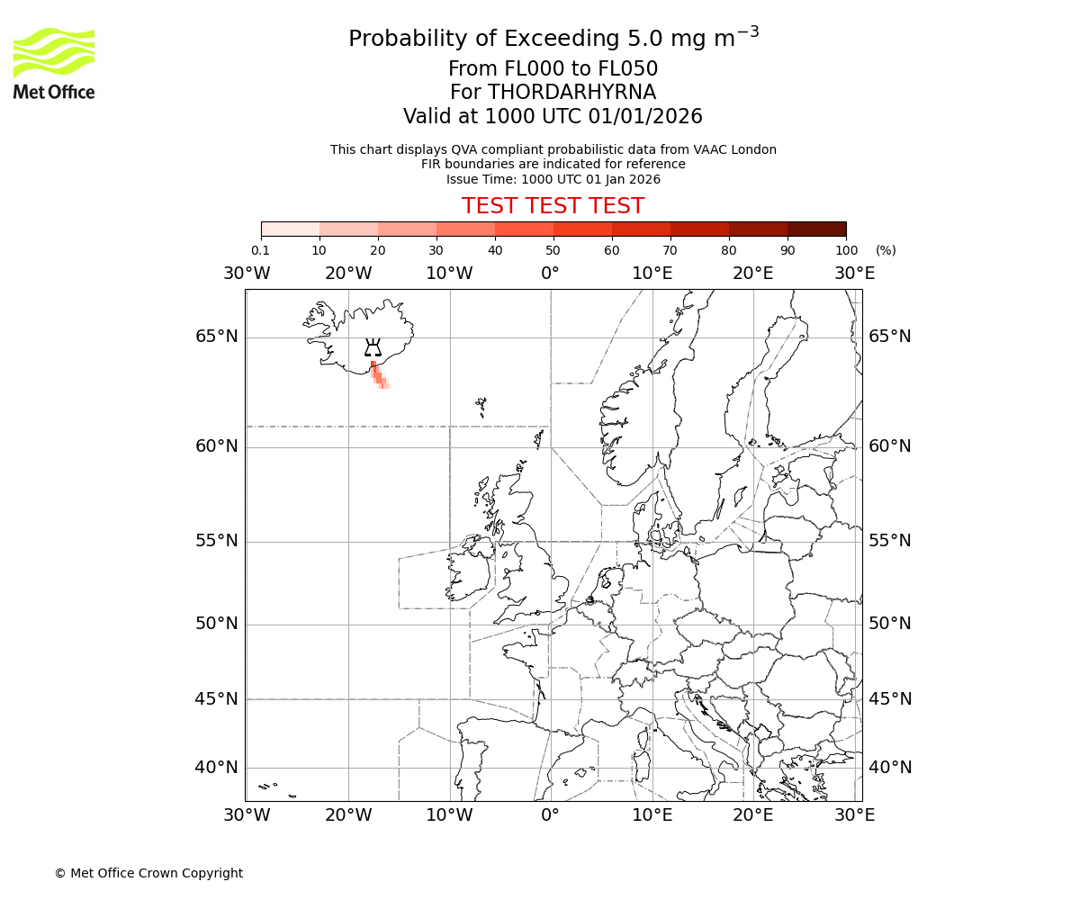 Probability of exceeding 5.0 milligrams per metre cubed. From 000 to 050 for THORDARHYRNA. Valid at 1000 UTC 01/01/2026