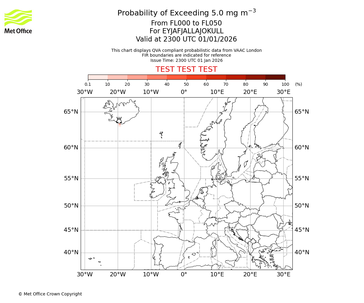 Probability of exceeding 5.0 milligrams per metre cubed. From 000 to 050 for EYJAFJALLAJOKULL. Valid at 2300 UTC 01/01/2026
