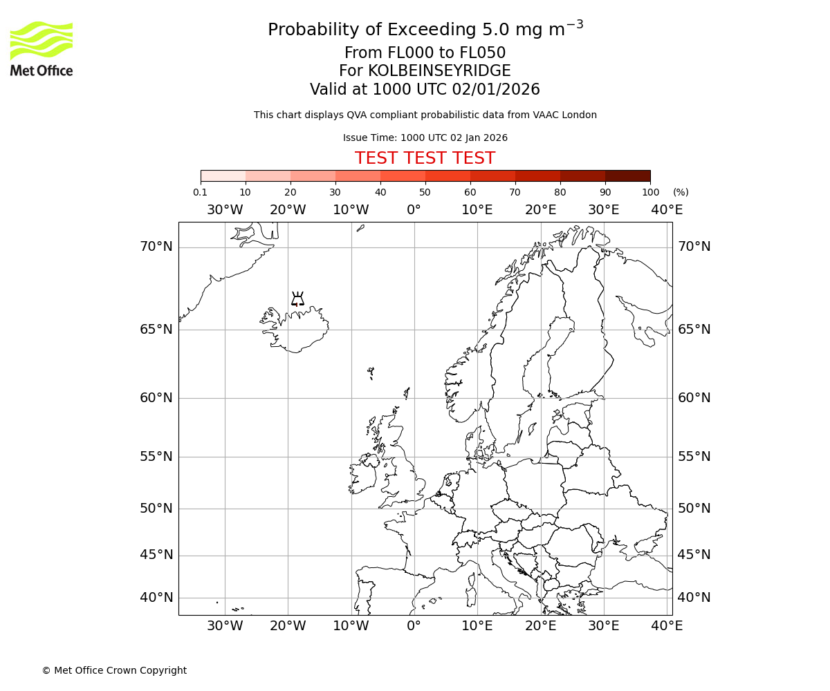 Probability of exceeding 5.0 milligrams per metre cubed. From 000 to 050 for KOLBEINSEYRIDGE. Valid at 1000 UTC 02/01/2026