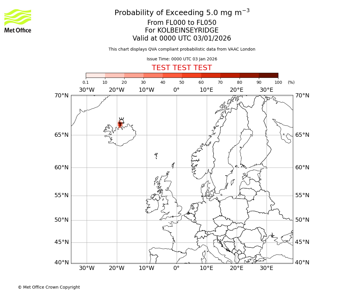 Probability of exceeding 5.0 milligrams per metre cubed. From 000 to 050 for KOLBEINSEYRIDGE. Valid at 0000 UTC 03/01/2026