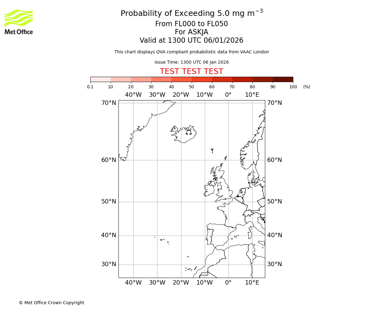 Probability of exceeding 5.0 milligrams per metre cubed. From 000 to 050 for ASKJA. Valid at 1300 UTC 06/01/2026