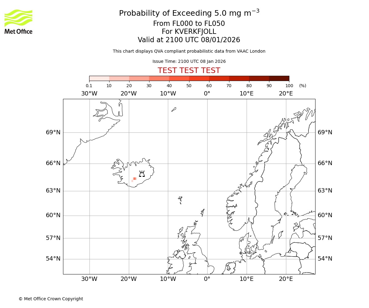 Probability of exceeding 5.0 milligrams per metre cubed. From 000 to 050 for KVERKFJOLL. Valid at 2100 UTC 08/01/2026