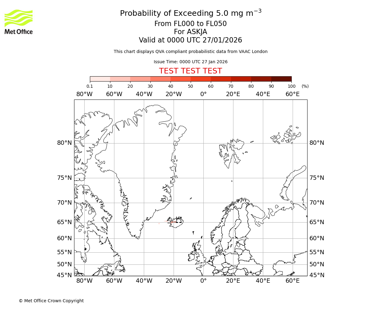 Probability of exceeding 5.0 milligrams per metre cubed. From 000 to 050 for ASKJA. Valid at 0000 UTC 27/01/2026