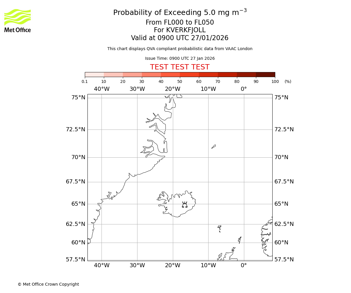 Probability of exceeding 5.0 milligrams per metre cubed. From 000 to 050 for KVERKFJOLL. Valid at 0900 UTC 27/01/2026
