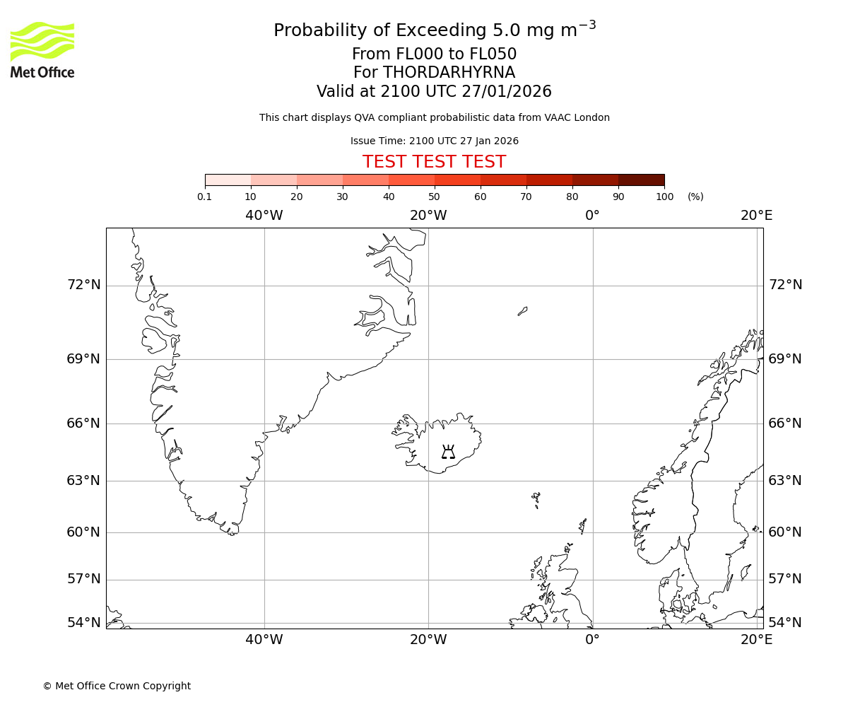 Probability of exceeding 5.0 milligrams per metre cubed. From 000 to 050 for THORDARHYRNA. Valid at 2100 UTC 27/01/2026