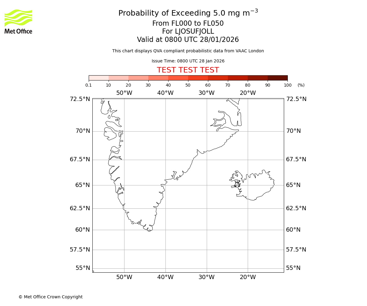 Probability of exceeding 5.0 milligrams per metre cubed. From 000 to 050 for LJOSUFJOLL. Valid at 0800 UTC 28/01/2026