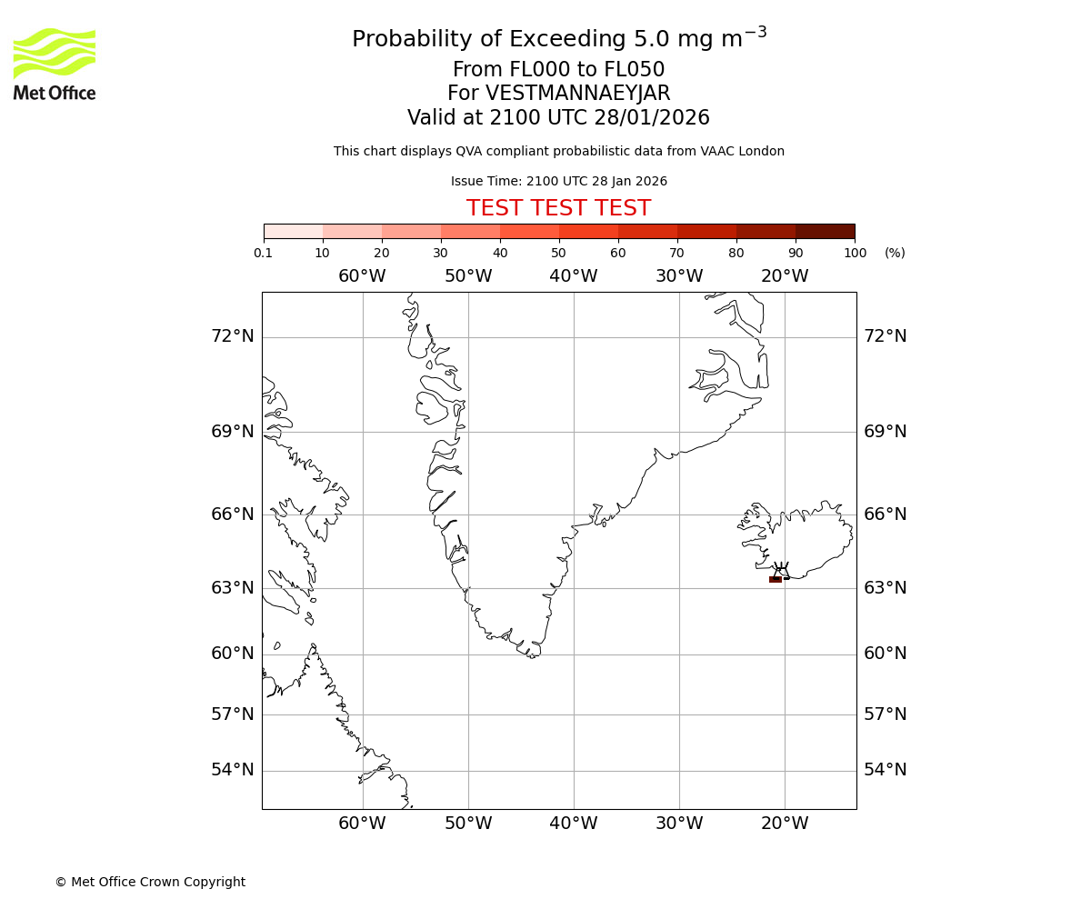 Probability of exceeding 5.0 milligrams per metre cubed. From 000 to 050 for VESTMANNAEYJAR. Valid at 2100 UTC 28/01/2026