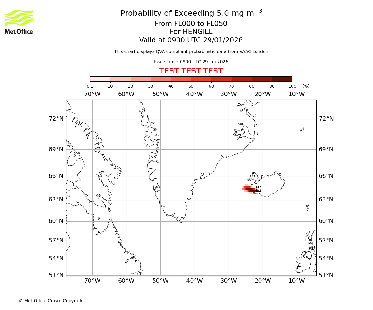 Probability of exceeding 5.0 milligrams per metre cubed. From 000 to 050 for HENGILL. Valid at 0900 UTC 29/01/2026