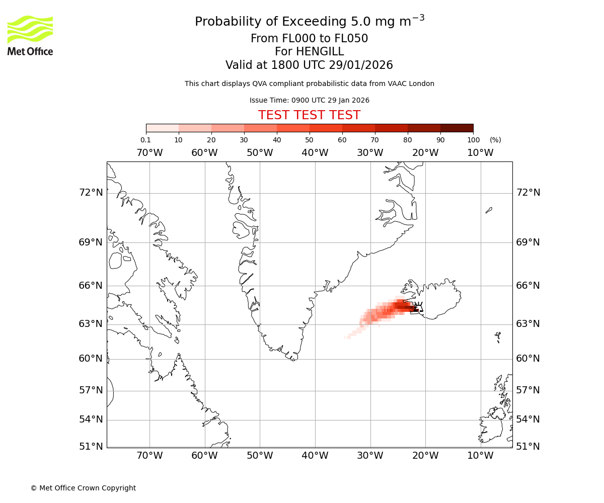 Probability of exceeding 5.0 milligrams per metre cubed. From 000 to 050 for HENGILL. Valid at 1800 UTC 29/01/2026