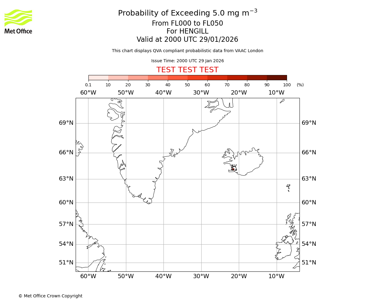 Probability of exceeding 5.0 milligrams per metre cubed. From 000 to 050 for HENGILL. Valid at 2000 UTC 29/01/2026