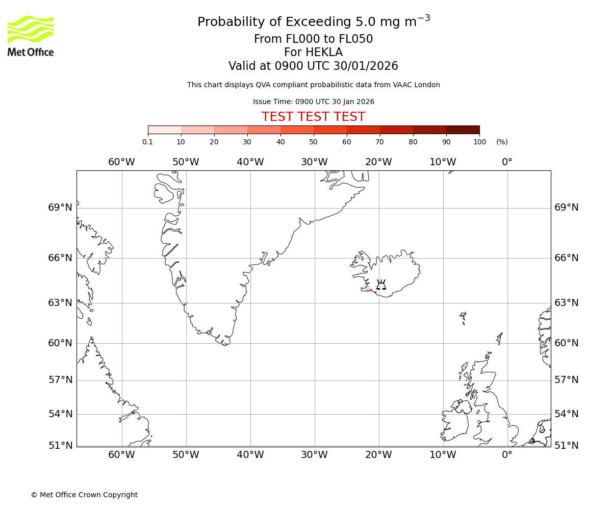Probability of exceeding 5.0 milligrams per metre cubed. From 000 to 050 for HEKLA. Valid at 0900 UTC 30/01/2026