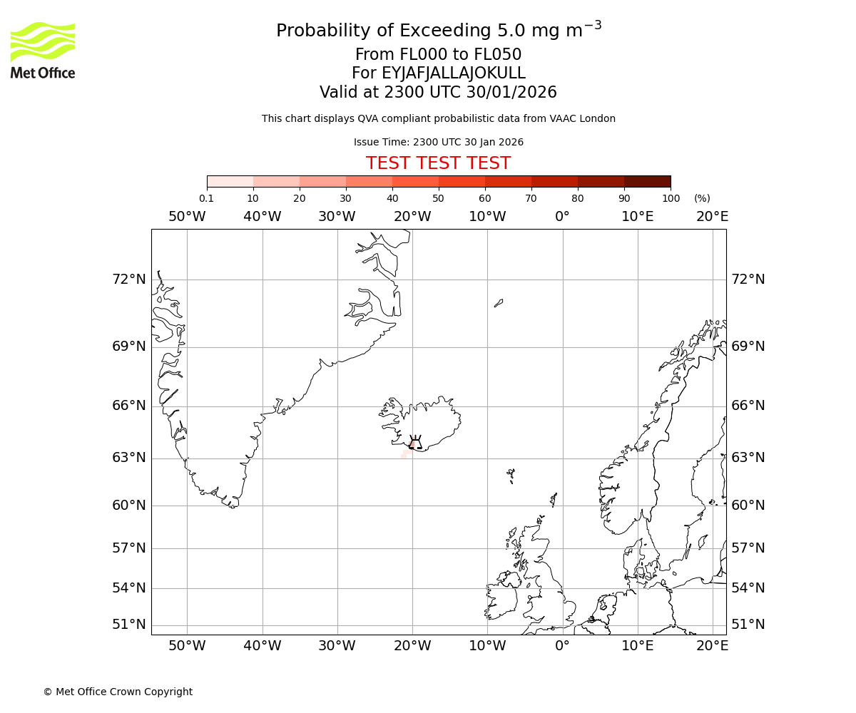 Probability of exceeding 5.0 milligrams per metre cubed. From 000 to 050 for EYJAFJALLAJOKULL. Valid at 2300 UTC 30/01/2026