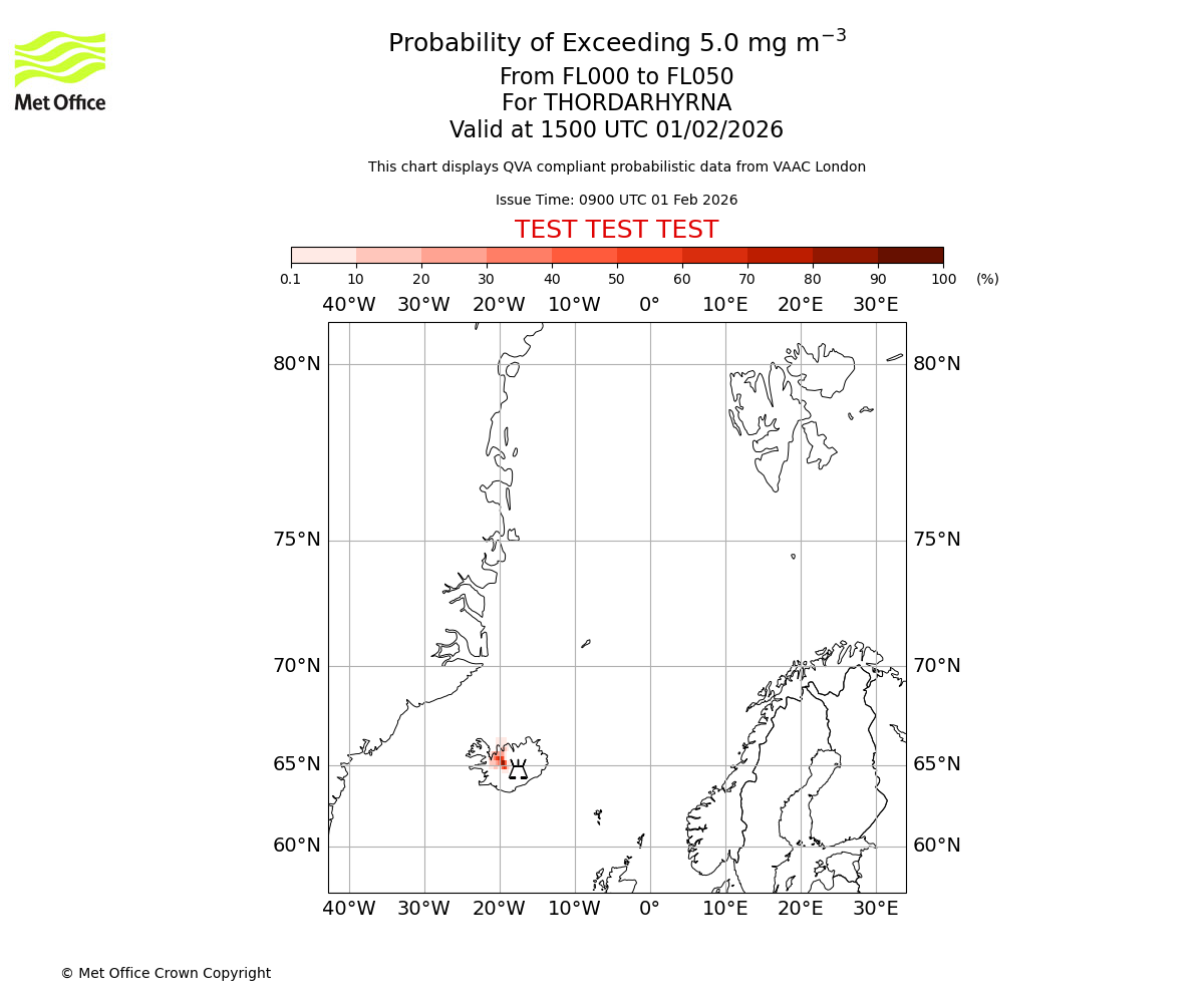 Probability of exceeding 5.0 milligrams per metre cubed. From 000 to 050 for THORDARHYRNA. Valid at 1500 UTC 01/02/2026