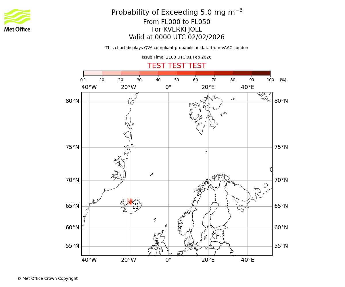 Probability of exceeding 5.0 milligrams per metre cubed. From 000 to 050 for KVERKFJOLL. Valid at 0000 UTC 02/02/2026