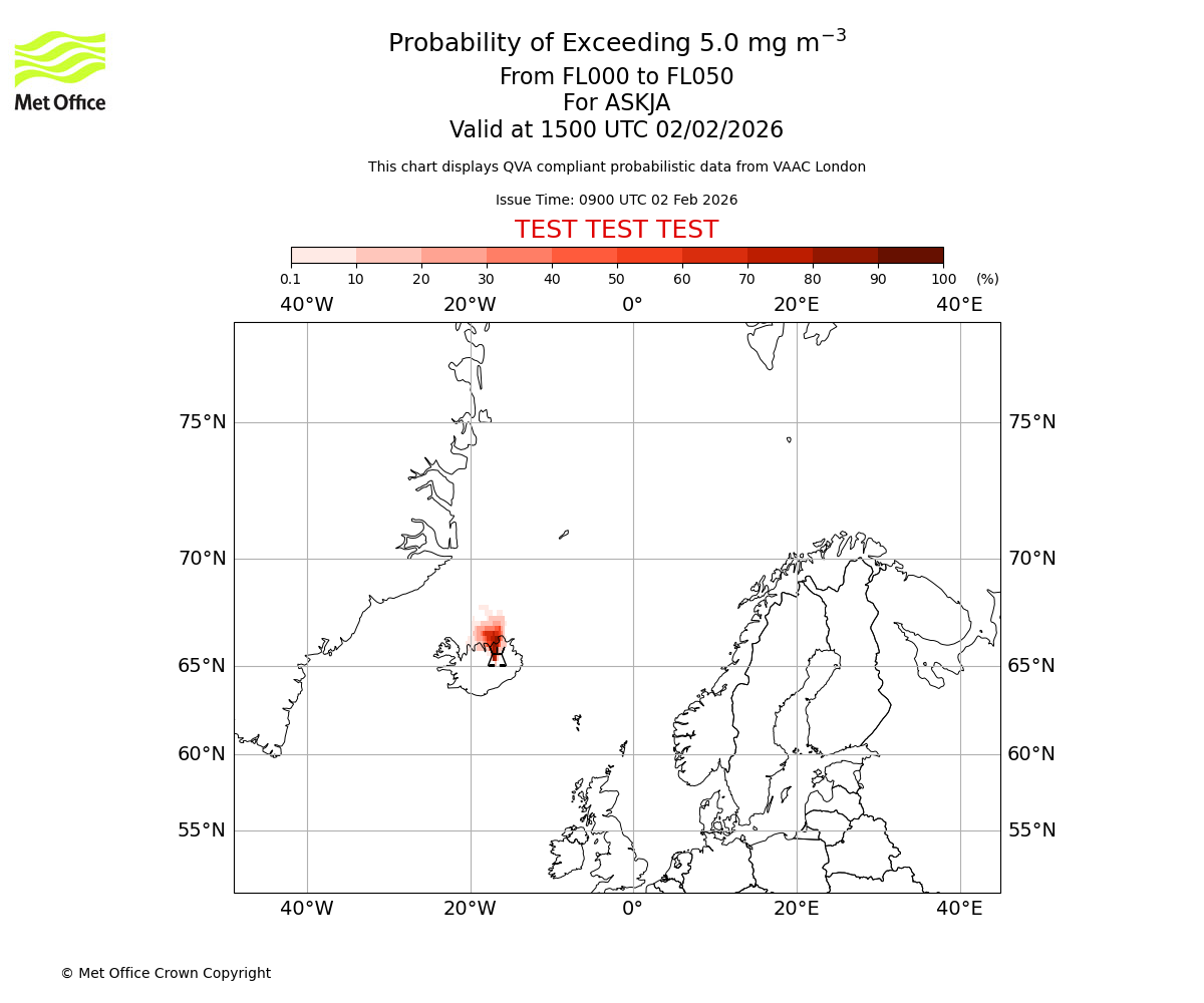 Probability of exceeding 5.0 milligrams per metre cubed. From 000 to 050 for ASKJA. Valid at 1500 UTC 02/02/2026