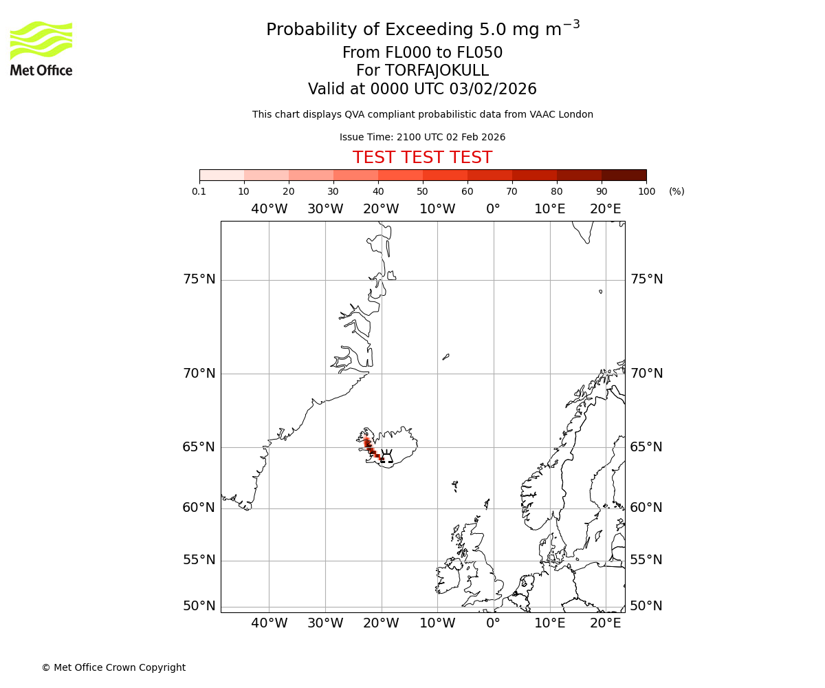 Probability of exceeding 5.0 milligrams per metre cubed. From 000 to 050 for TORFAJOKULL. Valid at 0000 UTC 03/02/2026