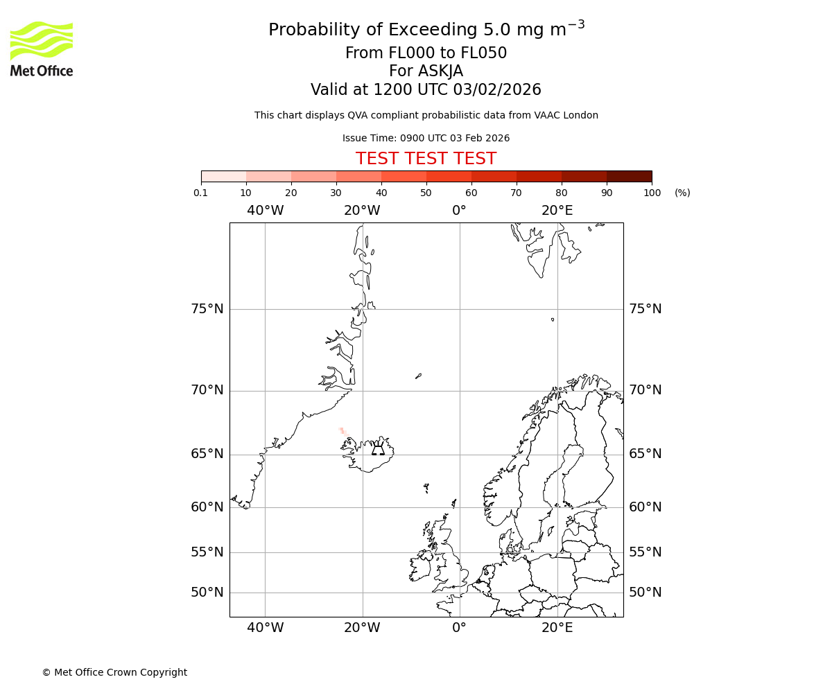 Probability of exceeding 5.0 milligrams per metre cubed. From 000 to 050 for ASKJA. Valid at 1200 UTC 03/02/2026