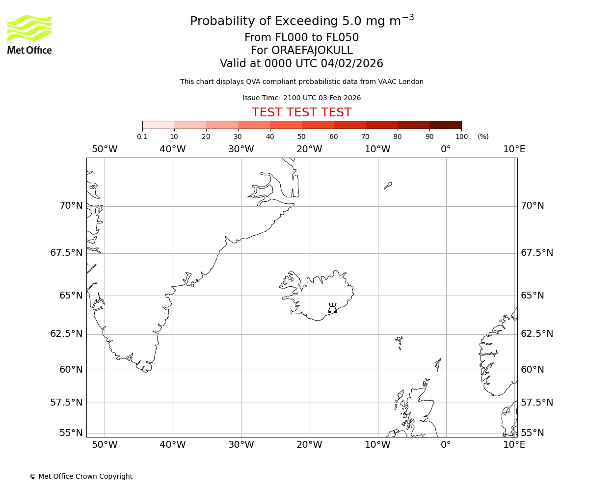 Probability of exceeding 5.0 milligrams per metre cubed. From 000 to 050 for ORAEFAJOKULL. Valid at 0000 UTC 04/02/2026