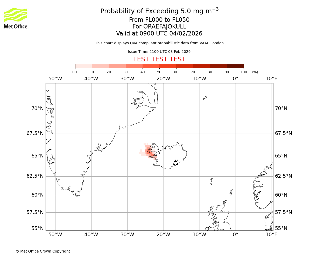 Probability of exceeding 5.0 milligrams per metre cubed. From 000 to 050 for ORAEFAJOKULL. Valid at 0900 UTC 04/02/2026