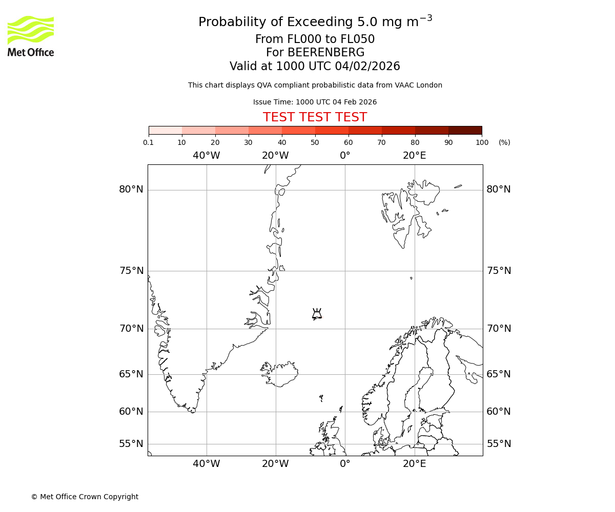 Probability of exceeding 5.0 milligrams per metre cubed. From 000 to 050 for BEERENBERG. Valid at 1000 UTC 04/02/2026