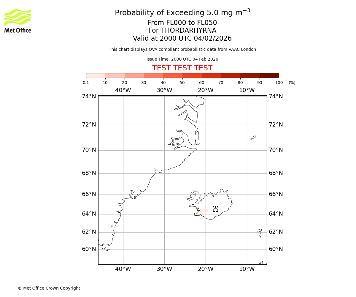 Probability of exceeding 5.0 milligrams per metre cubed. From 000 to 050 for THORDARHYRNA. Valid at 2000 UTC 04/02/2026