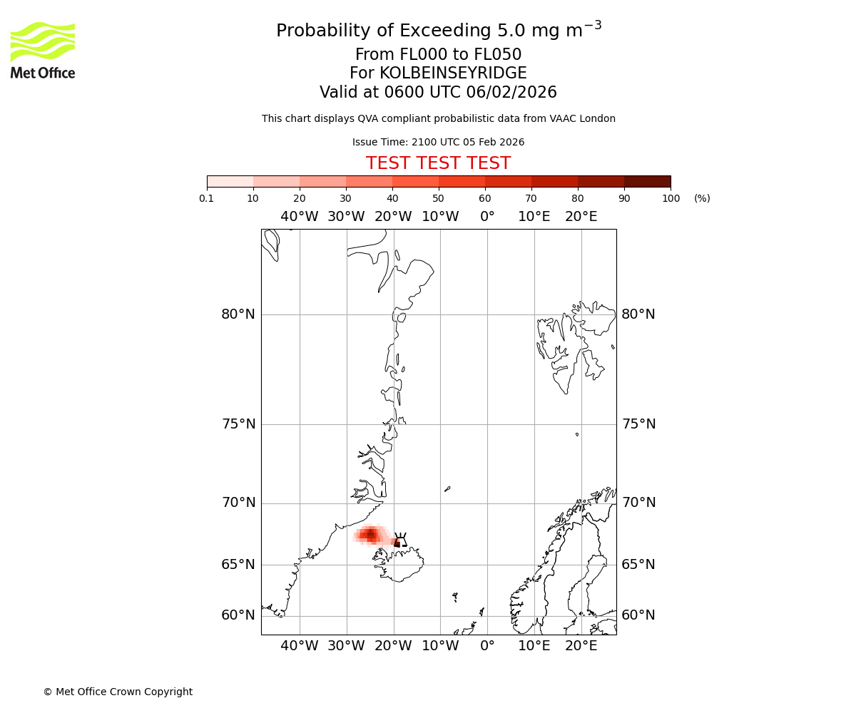 Probability of exceeding 5.0 milligrams per metre cubed. From 000 to 050 for KOLBEINSEYRIDGE. Valid at 0600 UTC 06/02/2026