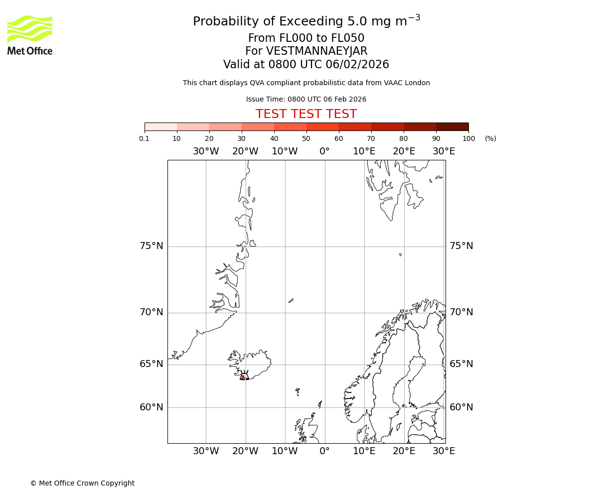 Probability of exceeding 5.0 milligrams per metre cubed. From 000 to 050 for VESTMANNAEYJAR. Valid at 0800 UTC 06/02/2026