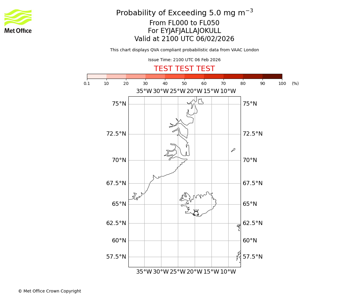 Probability of exceeding 5.0 milligrams per metre cubed. From 000 to 050 for EYJAFJALLAJOKULL. Valid at 2100 UTC 06/02/2026