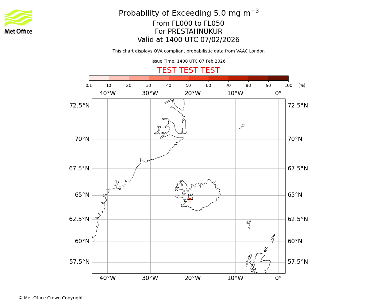 Probability of exceeding 5.0 milligrams per metre cubed. From 000 to 050 for PRESTAHNUKUR. Valid at 1400 UTC 07/02/2026