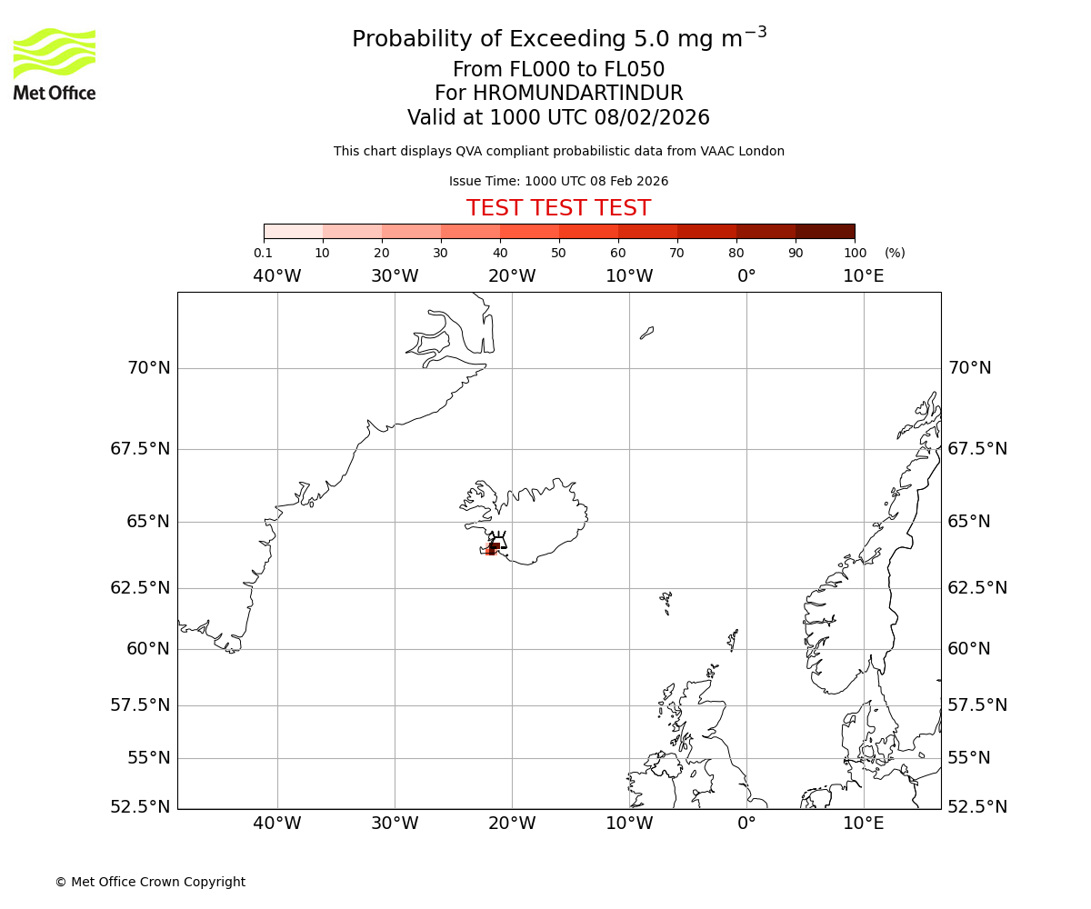 Probability of exceeding 5.0 milligrams per metre cubed. From 000 to 050 for HROMUNDARTINDUR. Valid at 1000 UTC 08/02/2026