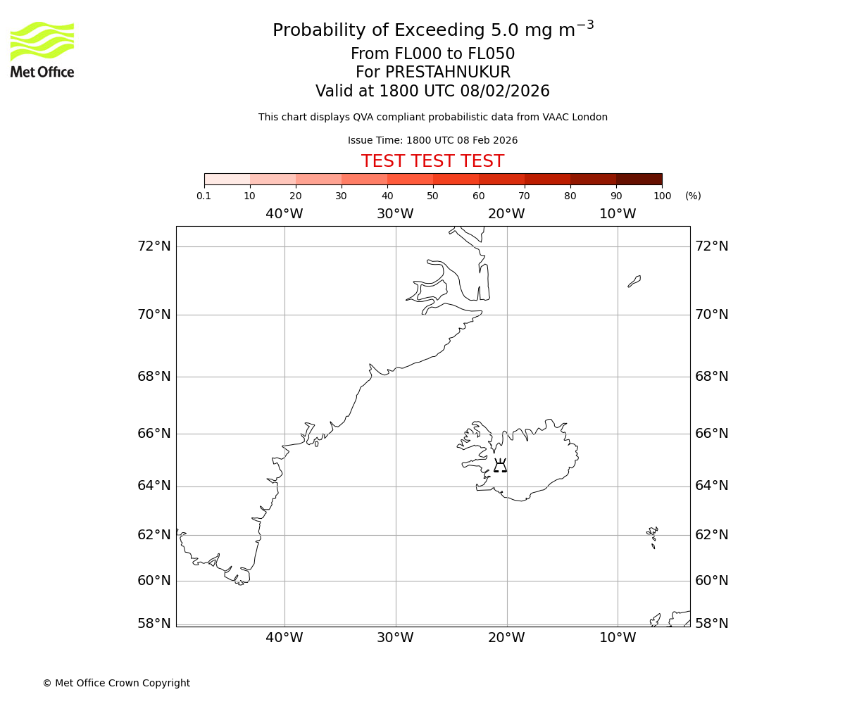 Probability of exceeding 5.0 milligrams per metre cubed. From 000 to 050 for PRESTAHNUKUR. Valid at 1800 UTC 08/02/2026