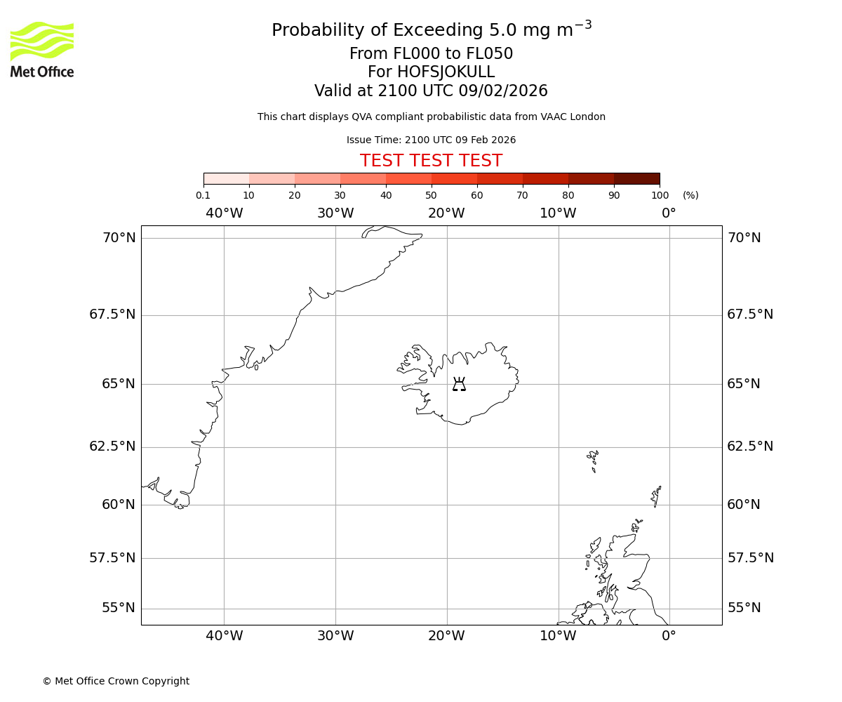Probability of exceeding 5.0 milligrams per metre cubed. From 000 to 050 for HOFSJOKULL. Valid at 2100 UTC 09/02/2026