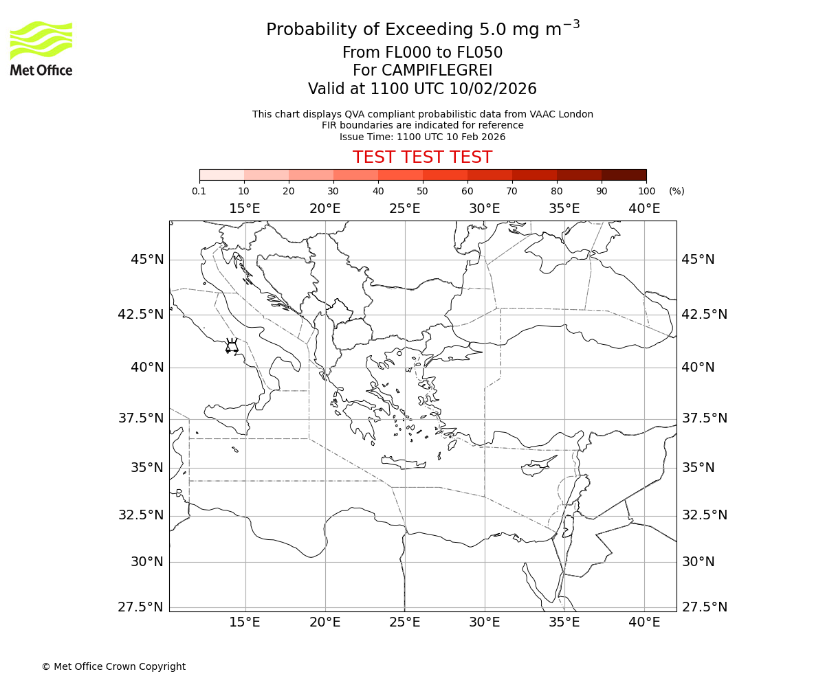 Probability of exceeding 5.0 milligrams per metre cubed. From 000 to 050 for CAMPIFLEGREI. Valid at 1100 UTC 10/02/2026