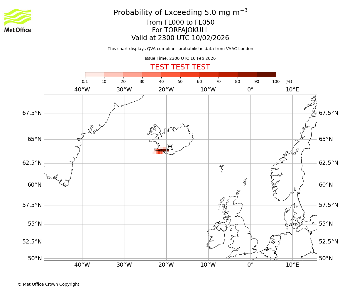 Probability of exceeding 5.0 milligrams per metre cubed. From 000 to 050 for TORFAJOKULL. Valid at 2300 UTC 10/02/2026