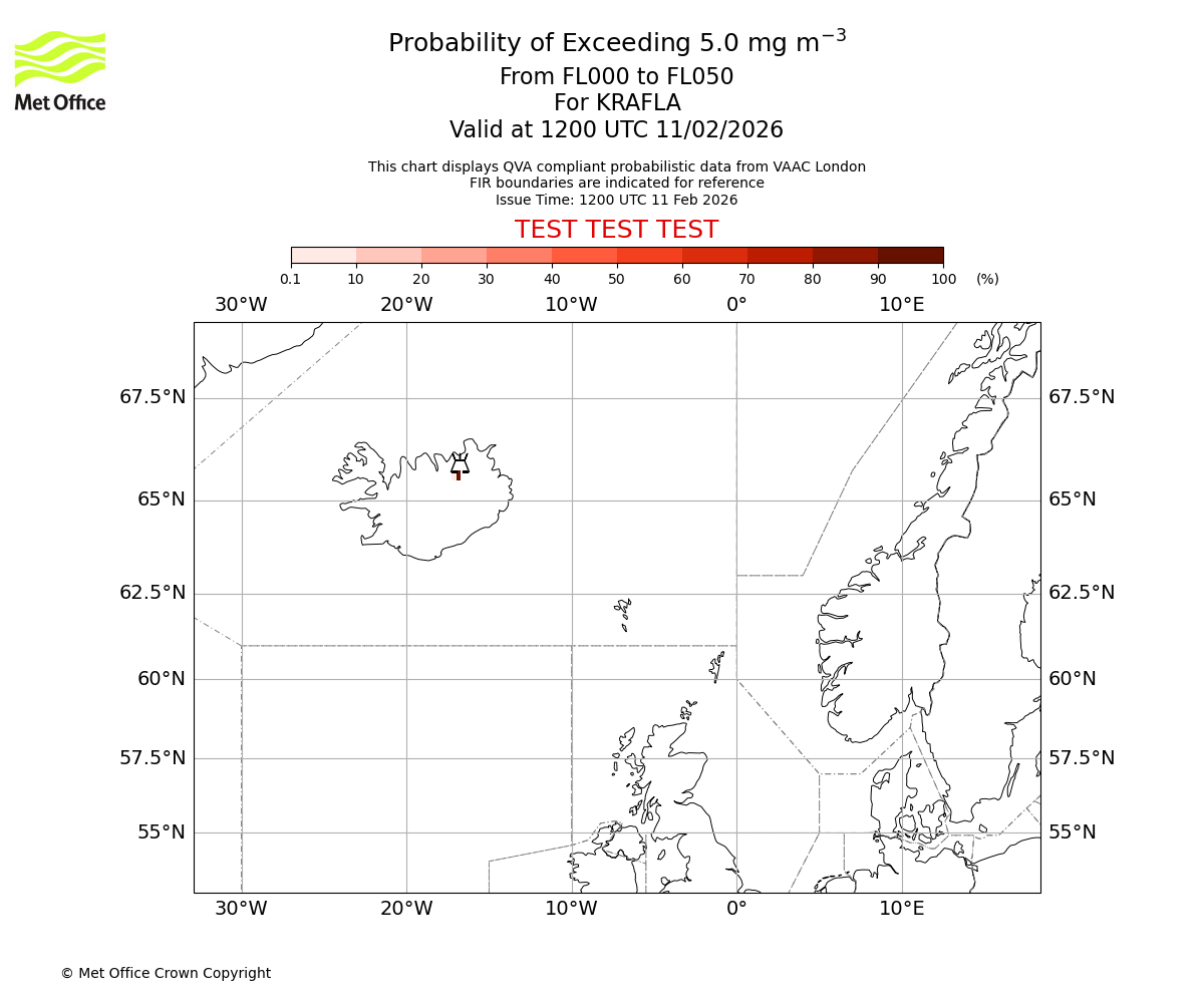 Probability of exceeding 5.0 milligrams per metre cubed. From 000 to 050 for KRAFLA. Valid at 1200 UTC 11/02/2026