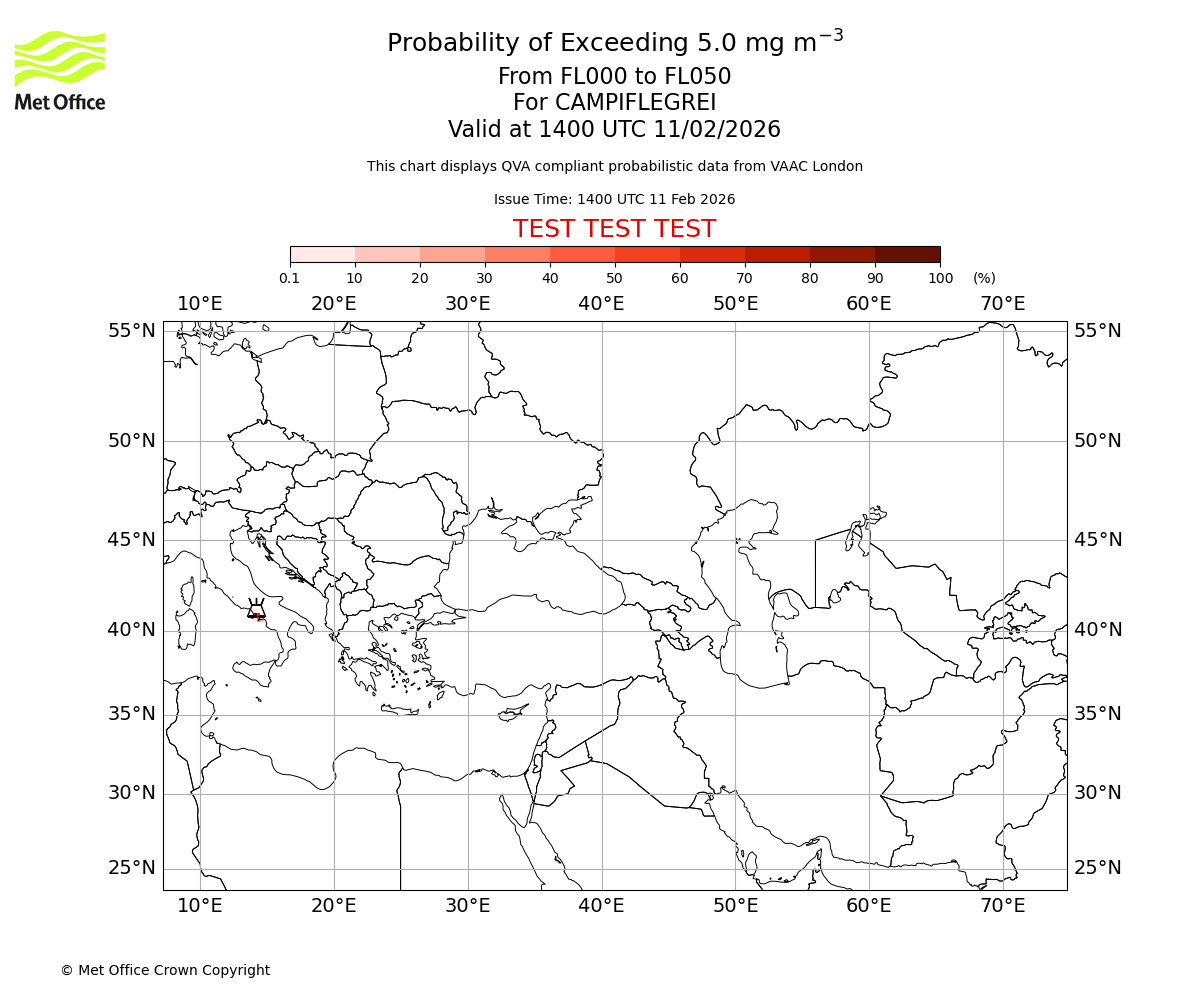 Probability of exceeding 5.0 milligrams per metre cubed. From 000 to 050 for CAMPIFLEGREI. Valid at 1400 UTC 11/02/2026