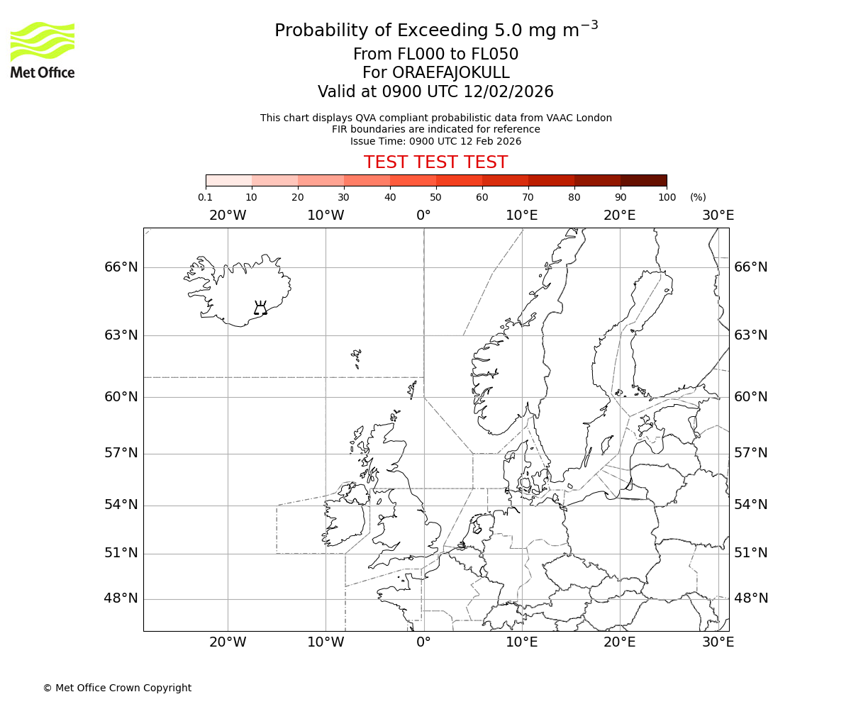 Probability of exceeding 5.0 milligrams per metre cubed. From 000 to 050 for ORAEFAJOKULL. Valid at 0900 UTC 12/02/2026